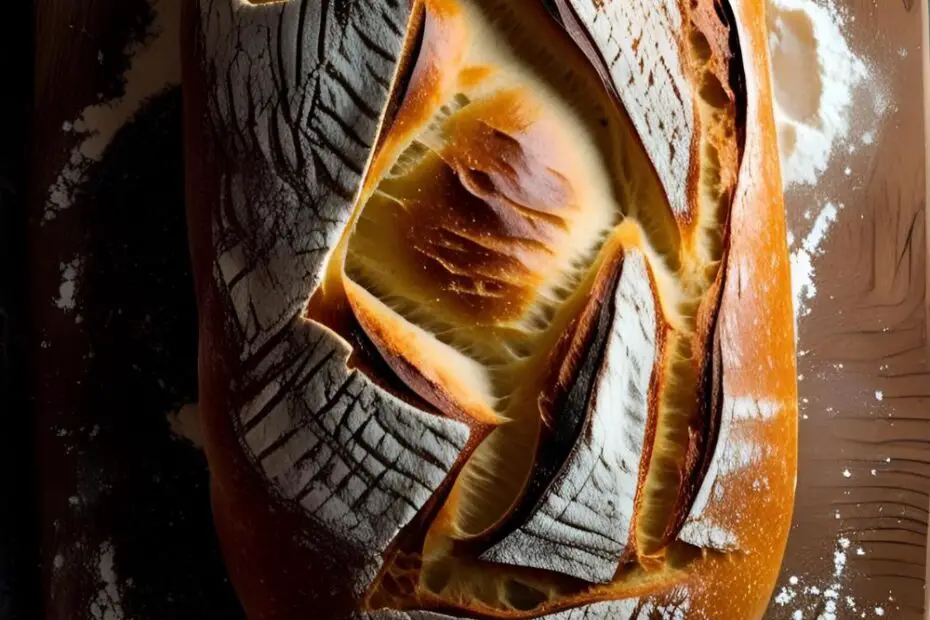 Crusty artisan sourdough loaf with golden crust on wooden board