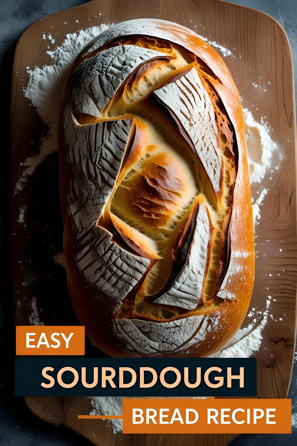 Crusty artisan sourdough loaf with golden crust on wooden board