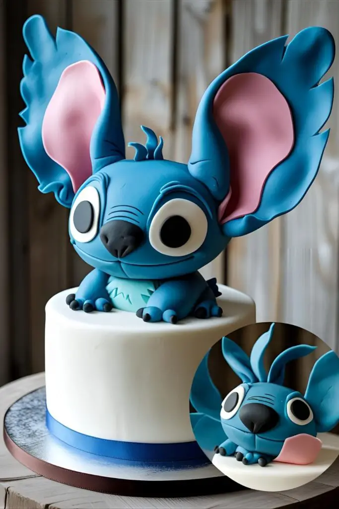 A full view of the finished Stitch birthday cake, with a detailed close-up image focusing on one of the large, pink and blue fondant ears.