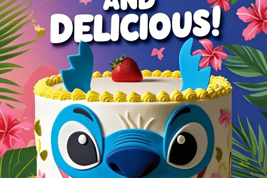 A finished cake decorated to look like the face of Disney's Stitch, with a text overlay that reads, "Cute, Fluffy, and Delicious!".