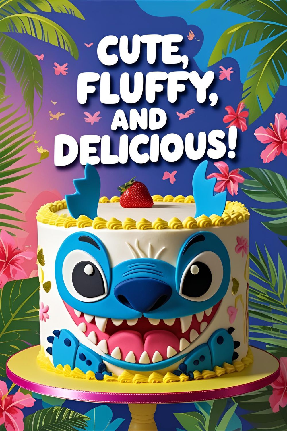 A finished cake decorated to look like the face of Disney's Stitch, with a text overlay that reads, "Cute, Fluffy, and Delicious!".