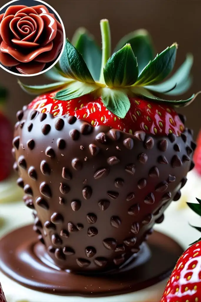 A close-up, detailed photo of a chocolate-dipped strawberry on a cake, with a smaller inset image showcasing a beautifully carved strawberry rose.
