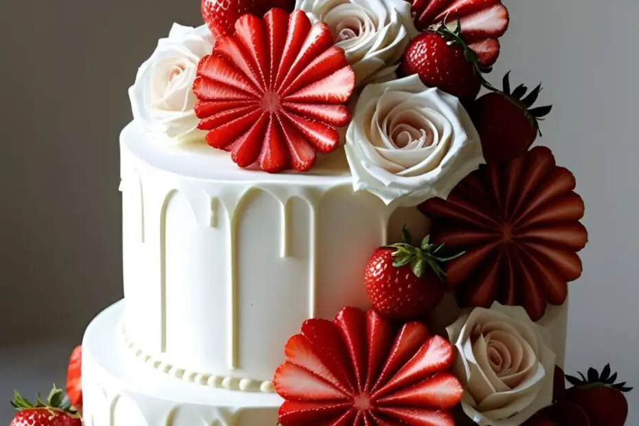 A white frosted cake decorated with fresh strawberry fans and strawberry roses, with a text overlay that reads, "Effortless Elegance".