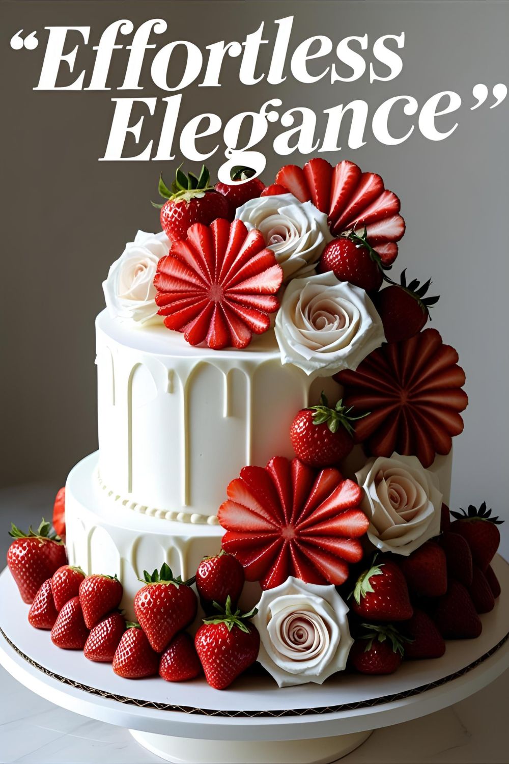 A white frosted cake decorated with fresh strawberry fans and strawberry roses, with a text overlay that reads, "Effortless Elegance".