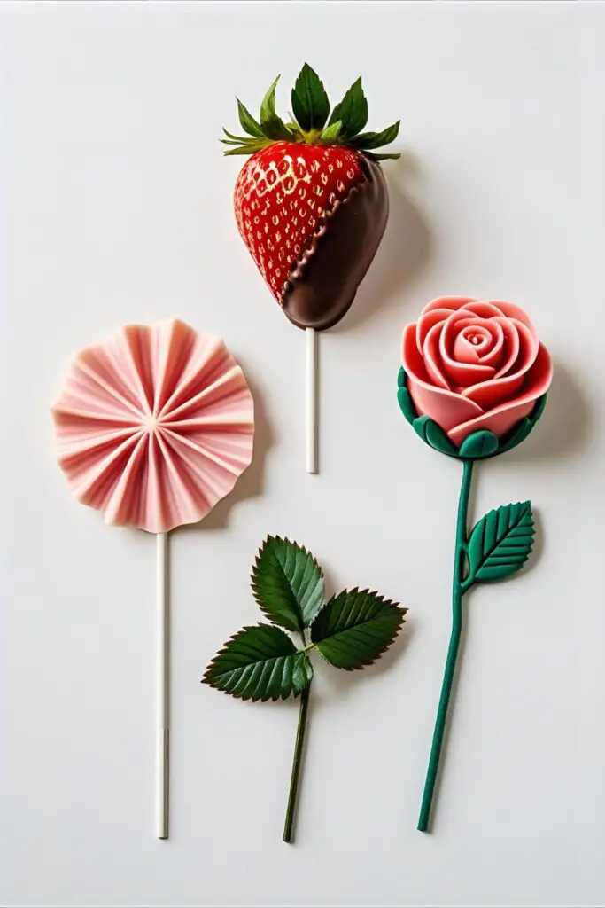 A collage image showcasing three different strawberry cake decorations: a strawberry fan, a chocolate-dipped strawberry, and a strawberry rose.