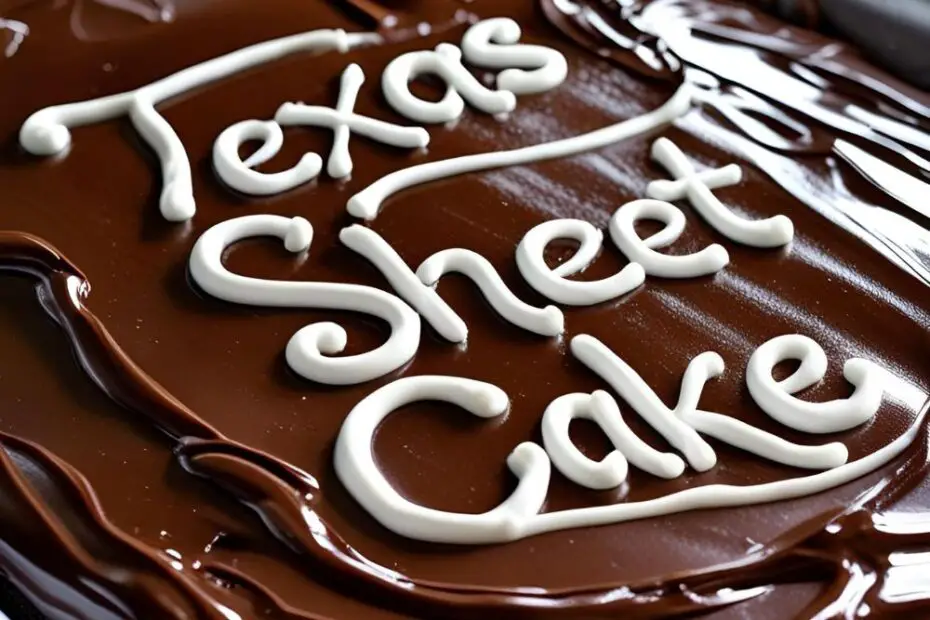 Close-up of glossy frosted Texas sheet cake in a baking pan