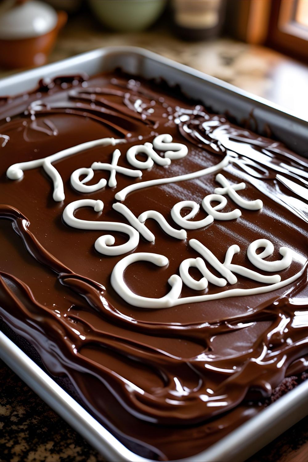 Close-up of glossy frosted Texas sheet cake in a baking pan