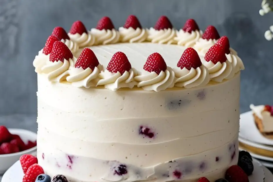 Vanilla cake with pink berry swirl frosting and fresh berries