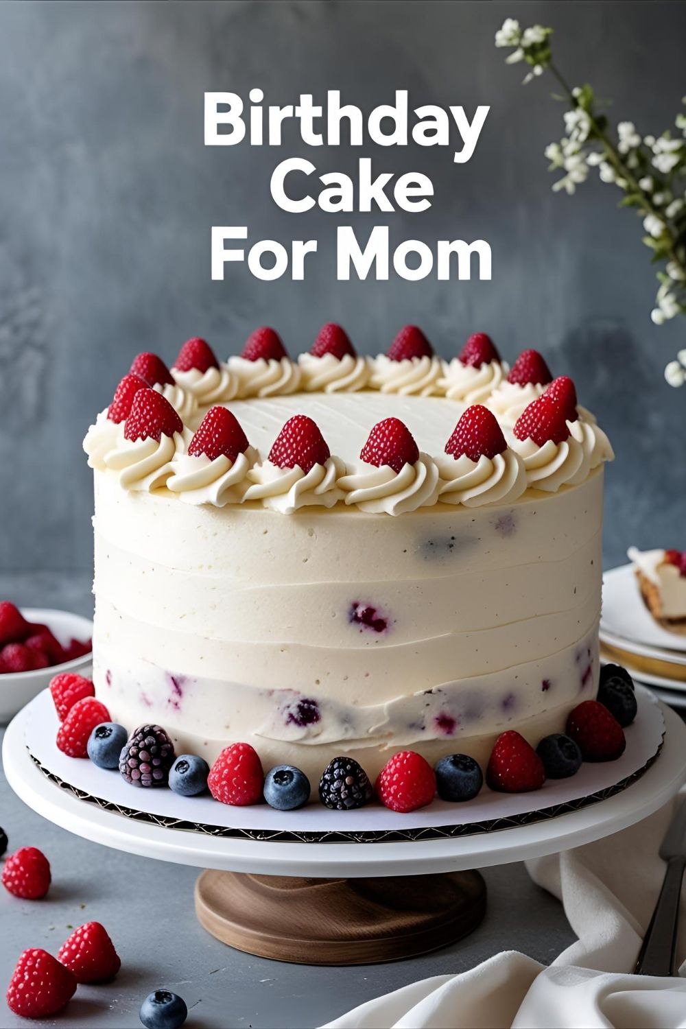 Vanilla cake with pink berry swirl frosting and fresh berries