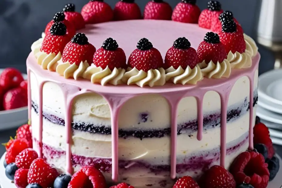 Elegant birthday cake topped with berries and buttercream rosettes