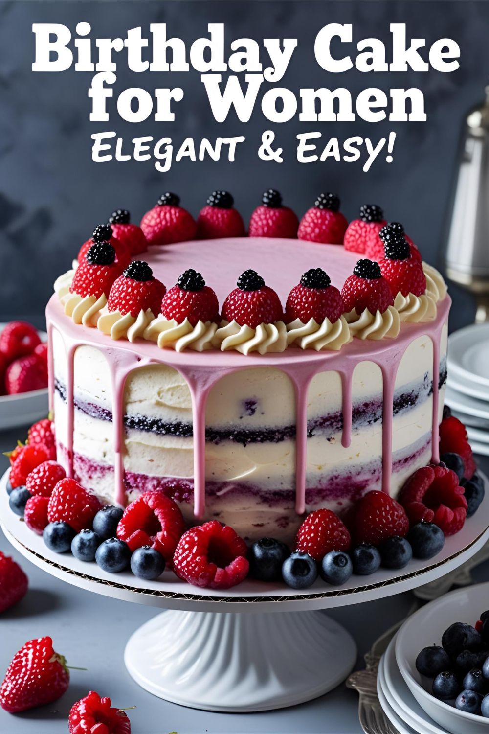 Elegant birthday cake topped with berries and buttercream rosettes