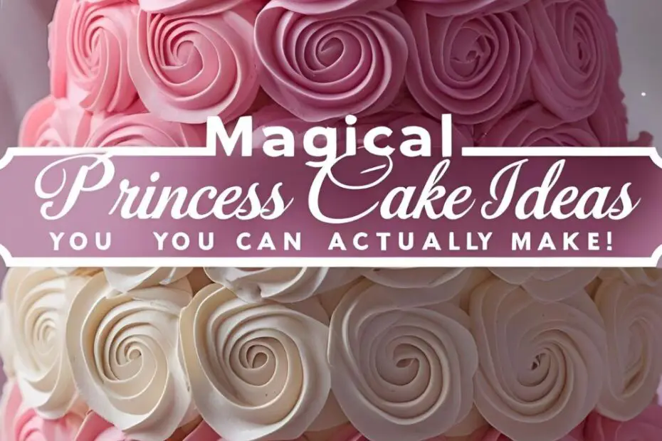A beautiful pink rosette princess cake with a tiara and the text overlay "Magical Princess Cake Ideas You Can Actually Make!".