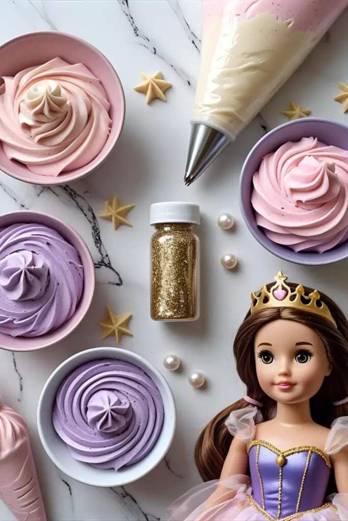 A collage of decorating supplies for princess cakes, including colorful buttercream, piping tips, and glitter.