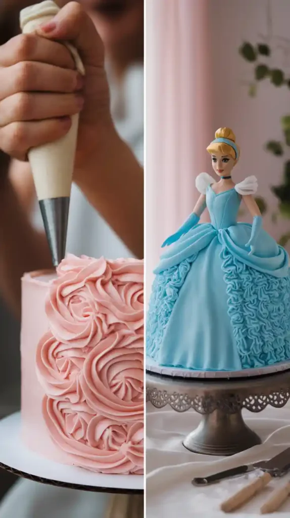  A collage of decorating supplies for princess cakes, including colorful buttercream, piping tips, and glitter