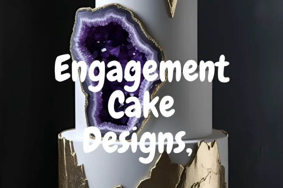 An elegant white cake with a purple and gold geode design and the text overlay "Engagement Cake Designs, Uniquely You".