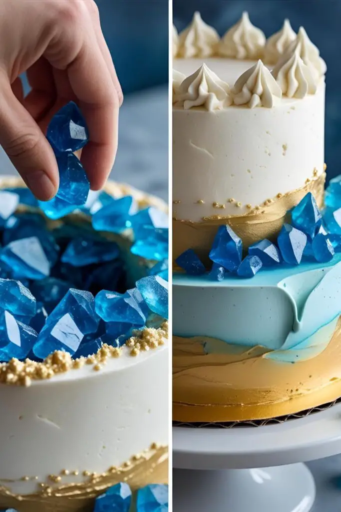 Two images showing the process of making a geode cake and a finished watercolor and gold leaf cake design.