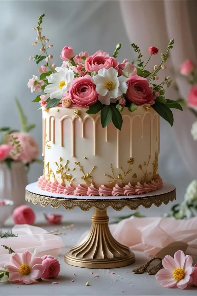 Birthday cake with sea salt and pretzel toppings on ganache frosting