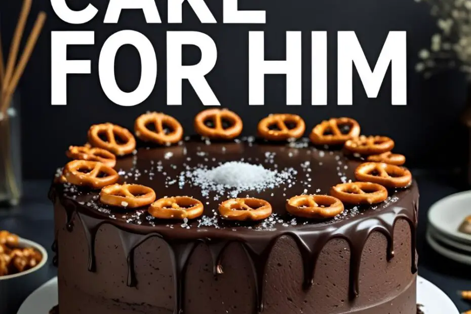 Chocolate birthday cake with ganache drip and pretzel topping