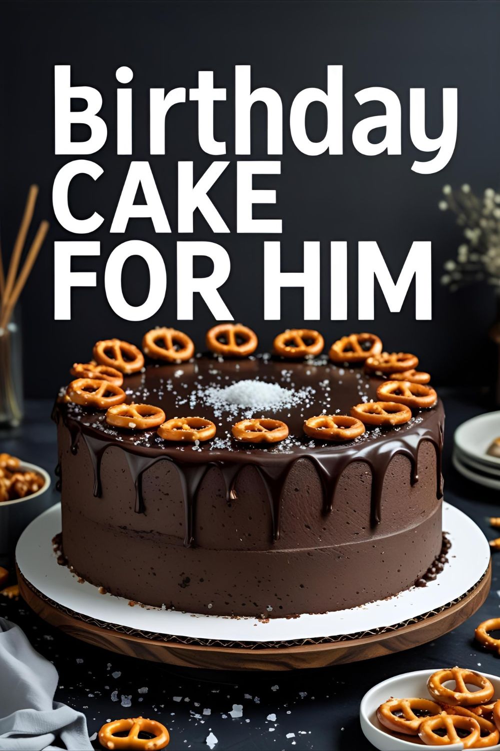 Chocolate birthday cake with ganache drip and pretzel topping