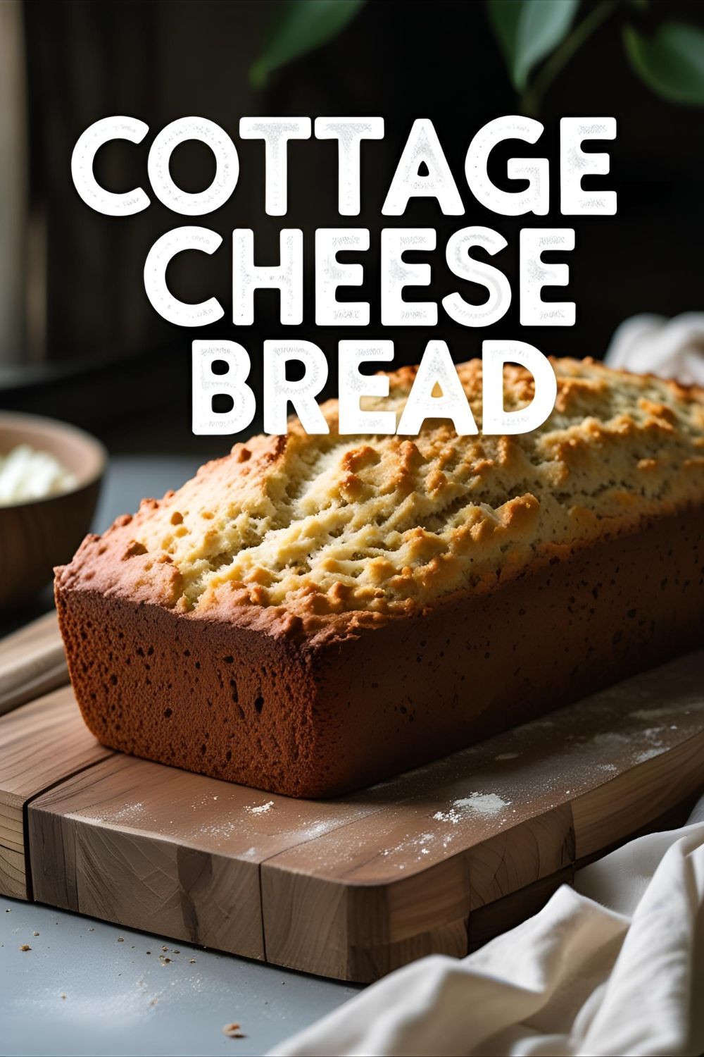 Golden loaf of cottage cheese bread with a slice cut out, revealing soft crumb