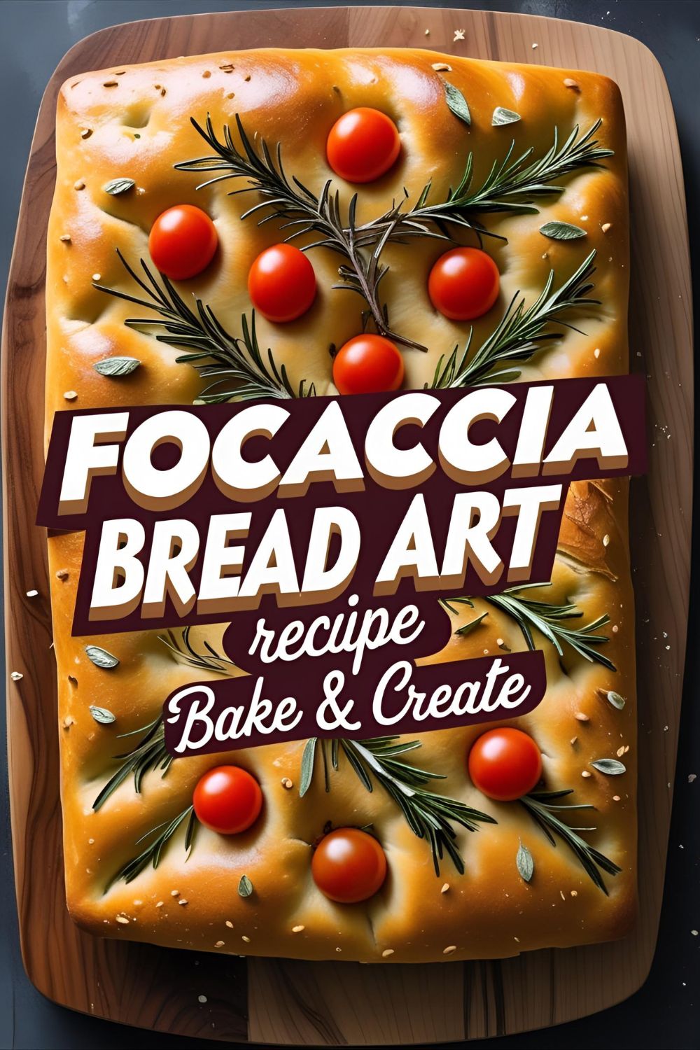 Beautiful focaccia loaf decorated with rosemary leaves and cherry tomatoes on wooden board.