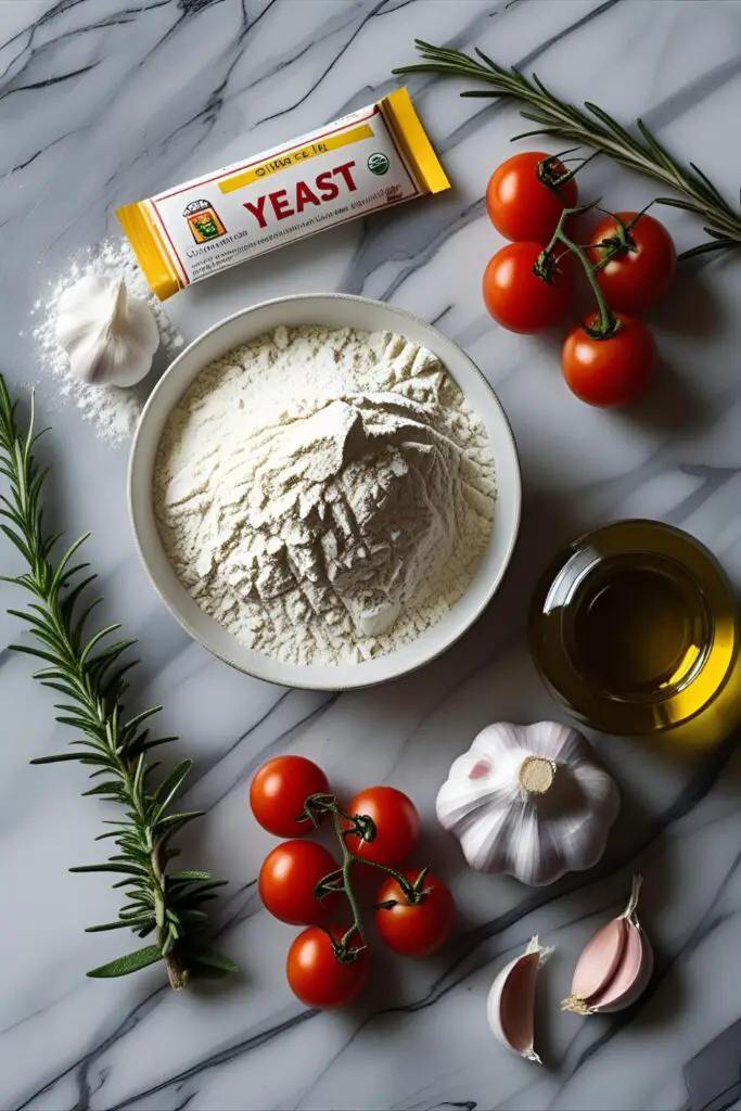 Focaccia bread with cherry tomatoes and garlic on board