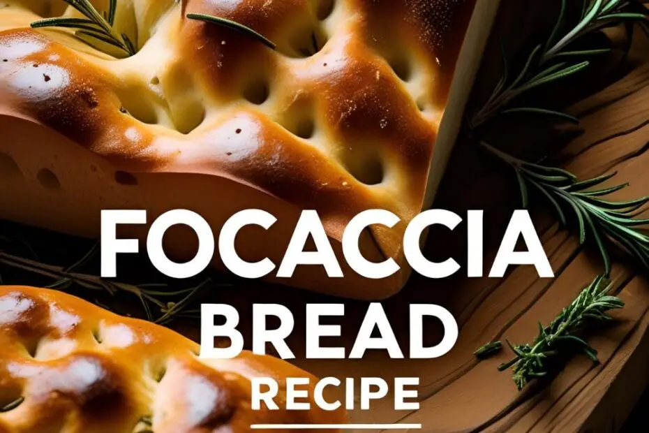 Dimpled focaccia loaf with rosemary and olive oil on wooden board