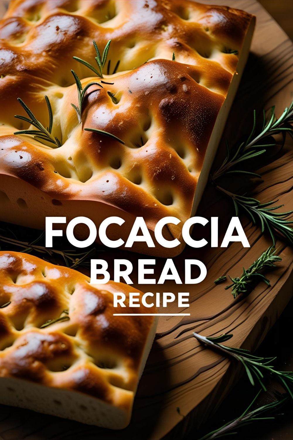 Dimpled focaccia loaf with rosemary and olive oil on wooden board