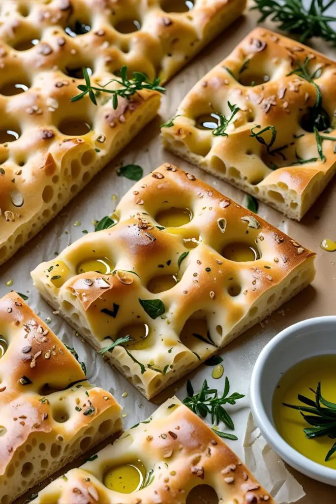 Golden focaccia topped with melted cheese and rosemary on a parchment-lined pan