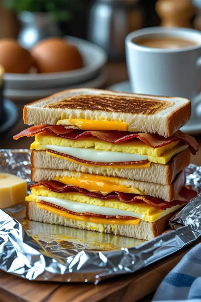 Two freezer breakfast sandwiches stacked with coffee cup and skillet in background