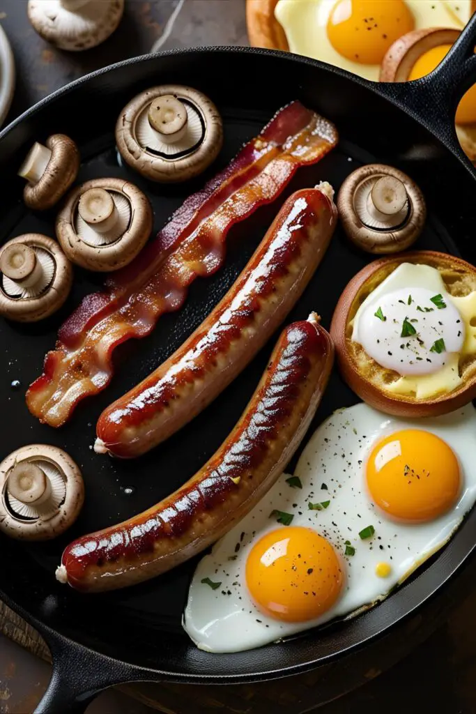Plate of full English breakfast with all elements arranged neatly, ready to eat
