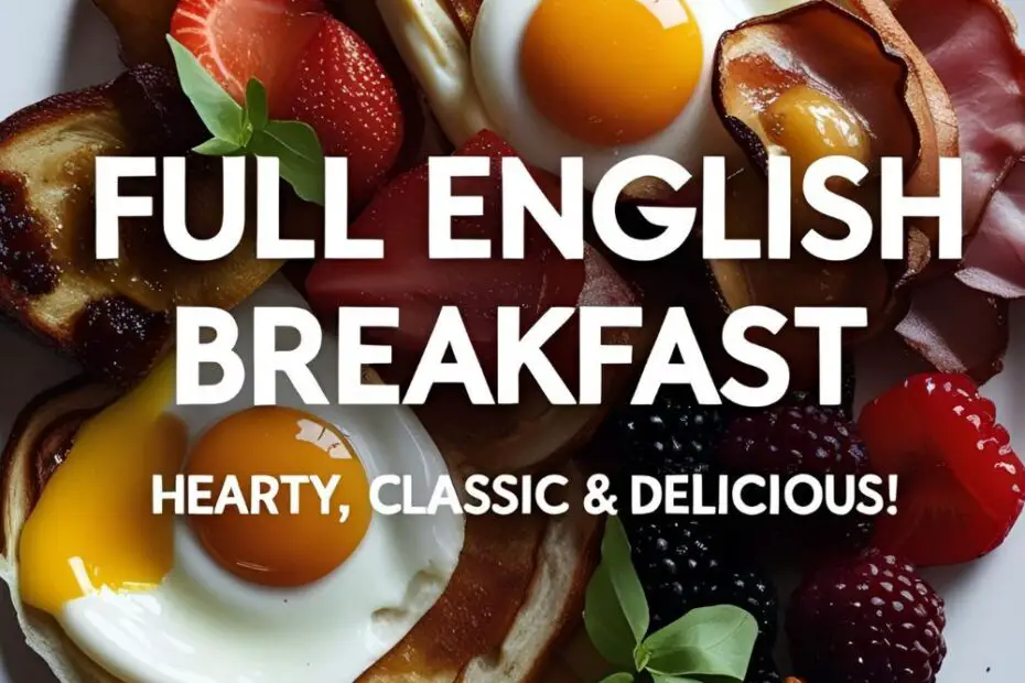 Full English breakfast plate with bacon, sausage, eggs, beans, mushrooms, tomato and toast