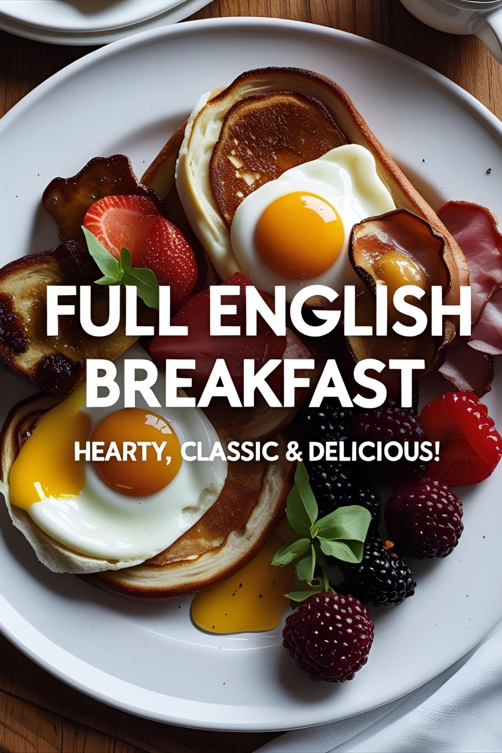 Full English breakfast plate with bacon, sausage, eggs, beans, mushrooms, tomato and toast