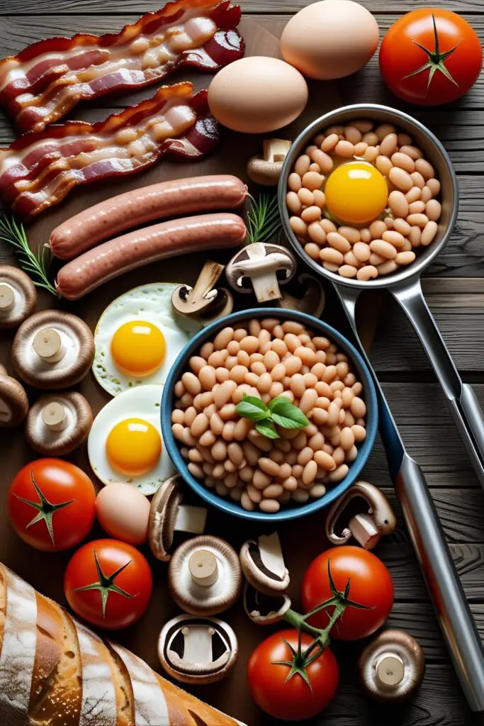 Close-up of traditional English breakfast plate with classic components and skillet in background