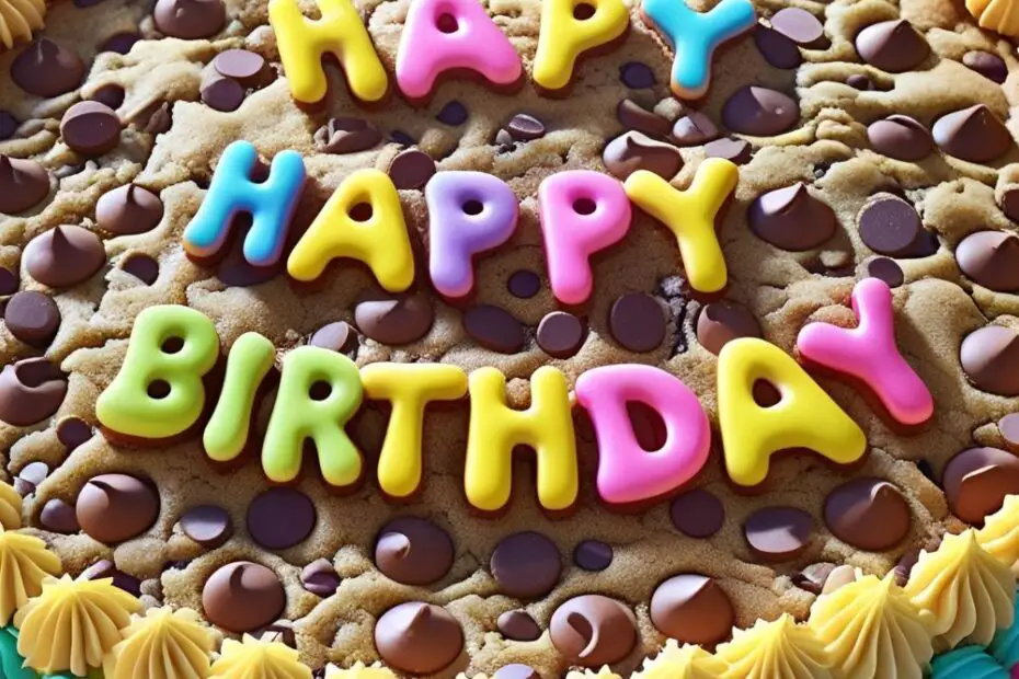 A colorful, decorated chocolate chip cookie cake with the text overlay "Easy Cookie Cake Decorating Ideas".