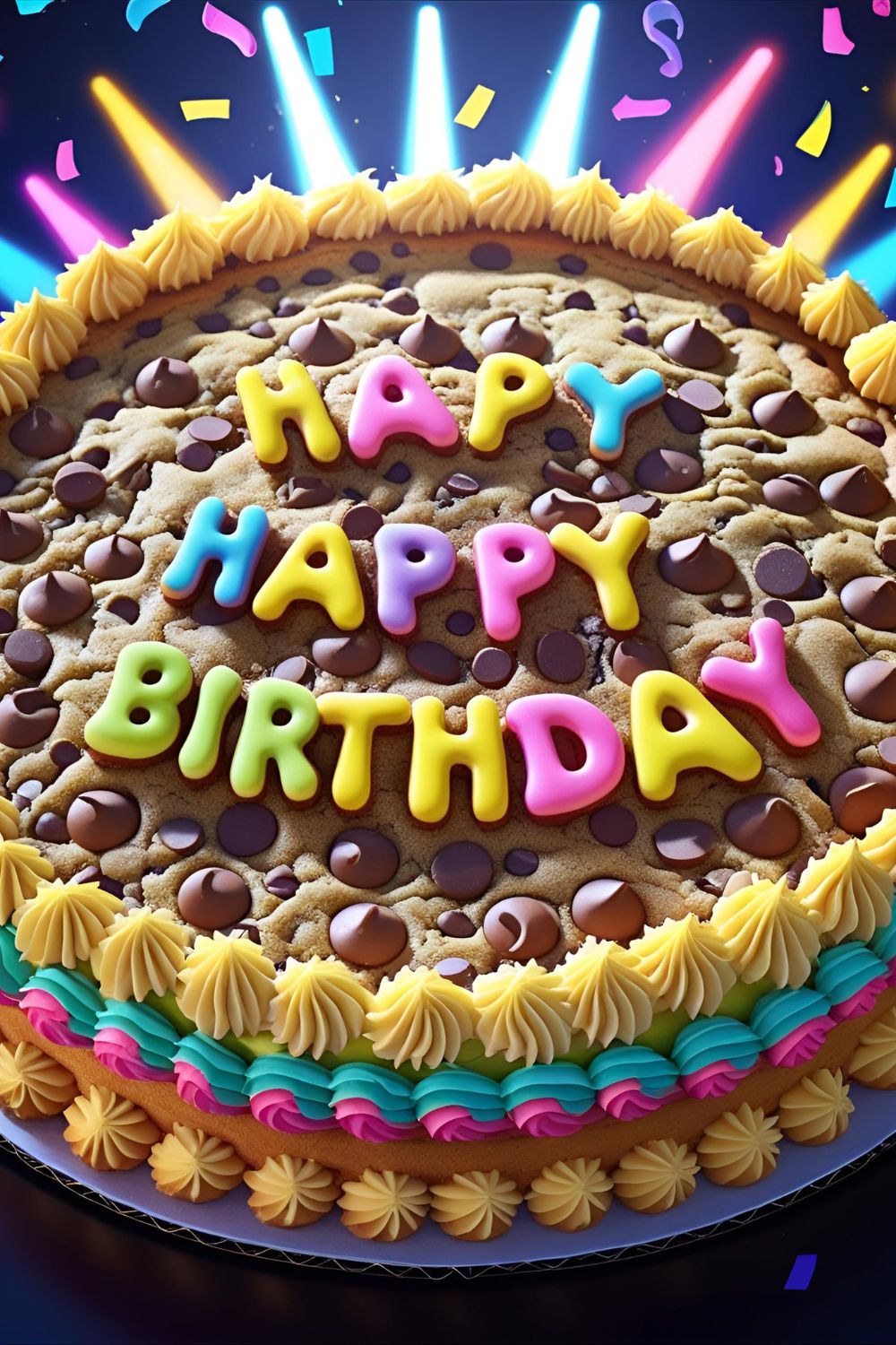 A colorful, decorated chocolate chip cookie cake with the text overlay "Easy Cookie Cake Decorating Ideas".