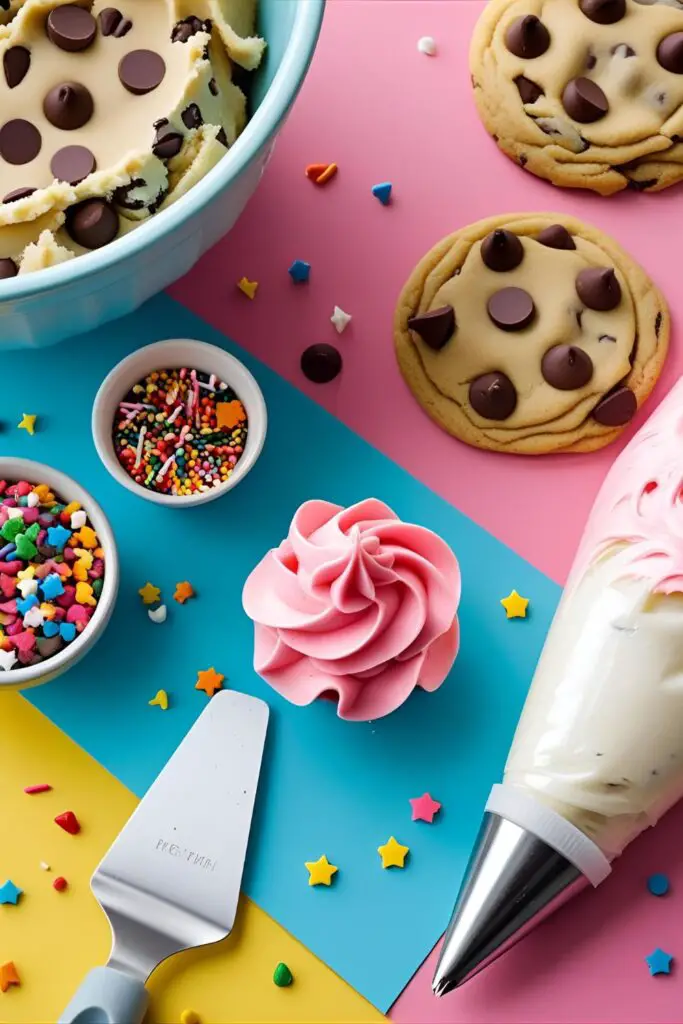 A collage of ingredients and tools for decorating a cookie cake, including cookie dough, pink frosting, and a piping bag.