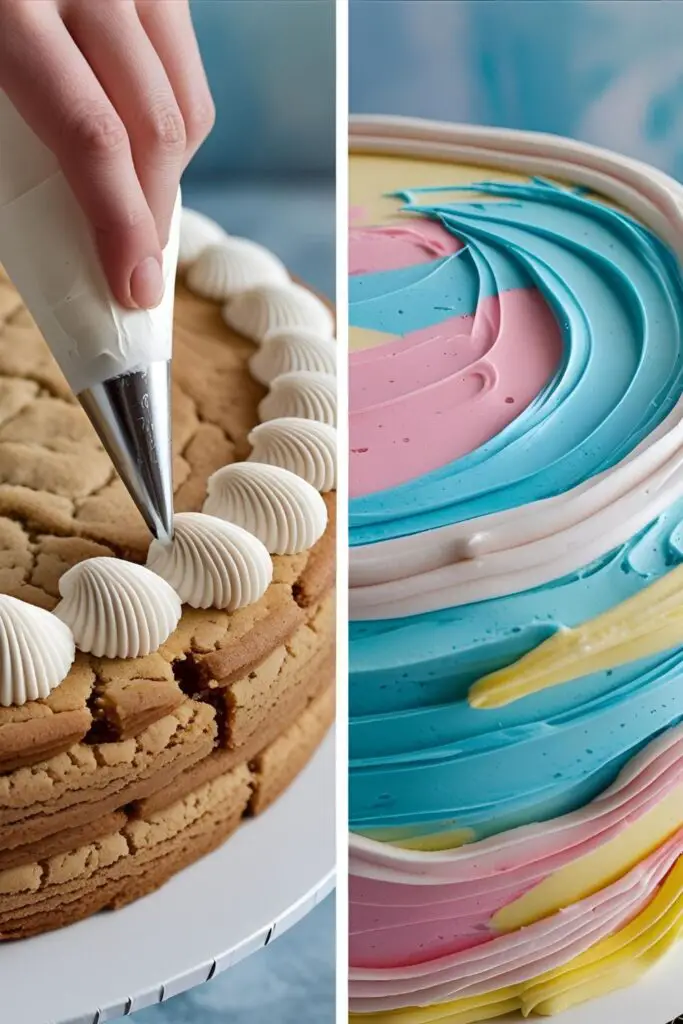 Two images showing the process of piping a border on a cookie cake and a finished abstract buttercream decorated cookie cake.