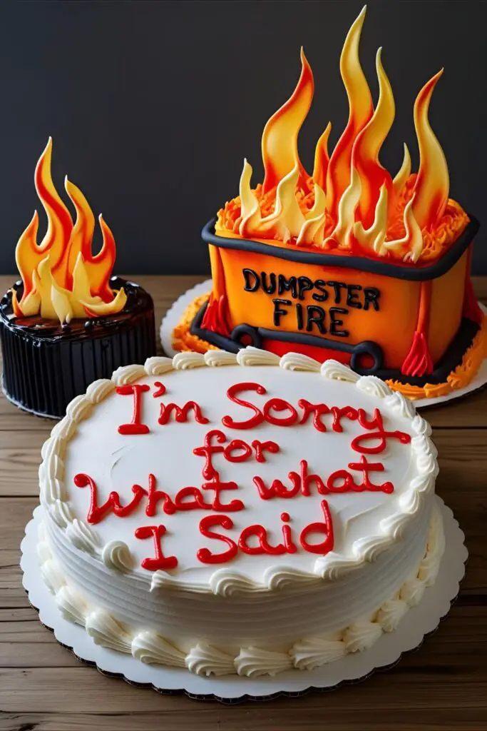 Two examples of funny cake designs: one is a "dumpster fire" cake, and the other has a sarcastic apology piped on it.