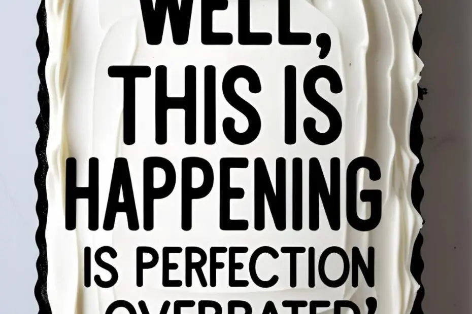 A white sheet cake with funny, sarcastic writing on it. A text overlay reads: "Perfection is Overrated".