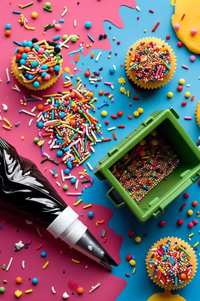 A collage of items for creating funny cake designs, including black frosting, sprinkles, and a toy dumpster.
