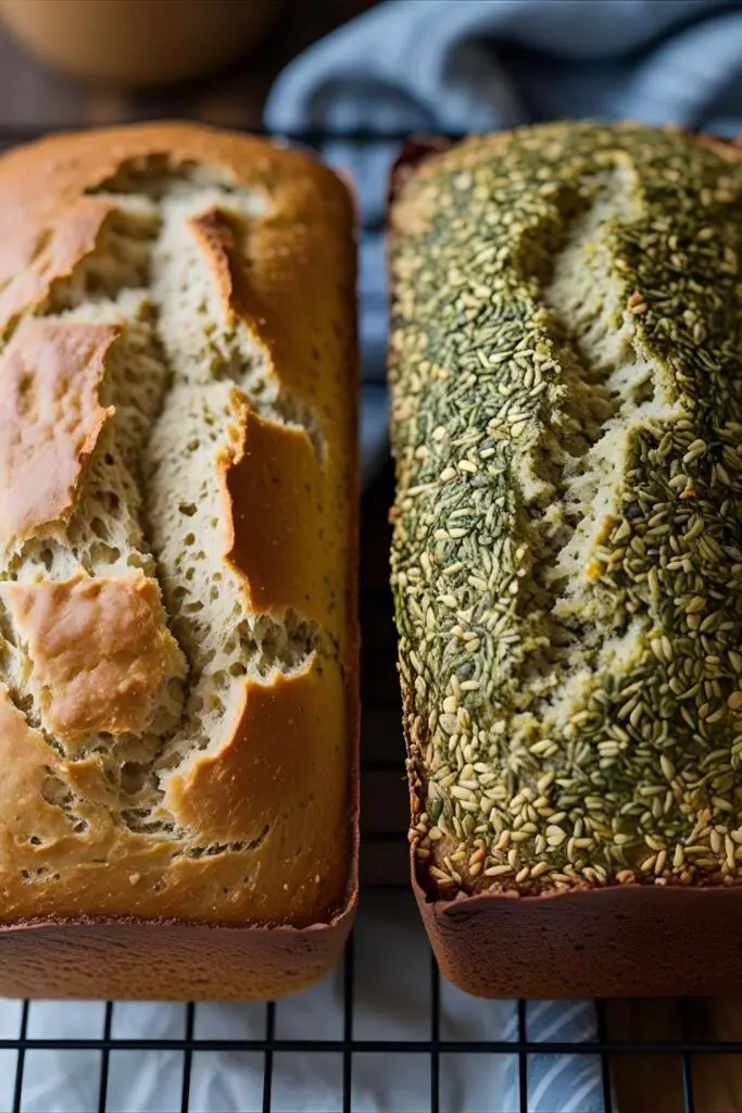 Soft homemade gluten free bread loaf broken open, showing airy crumb and golden crust.