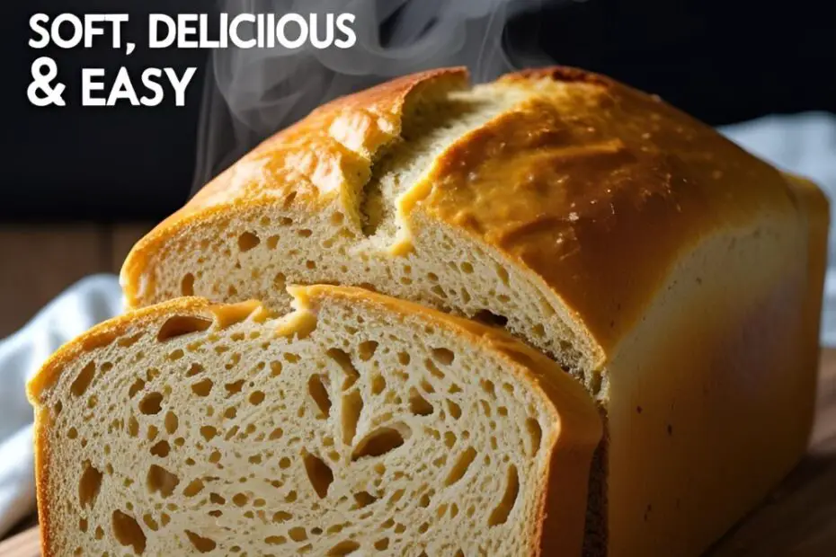 Golden homemade gluten free bread sliced to show soft, fluffy interior crumb.