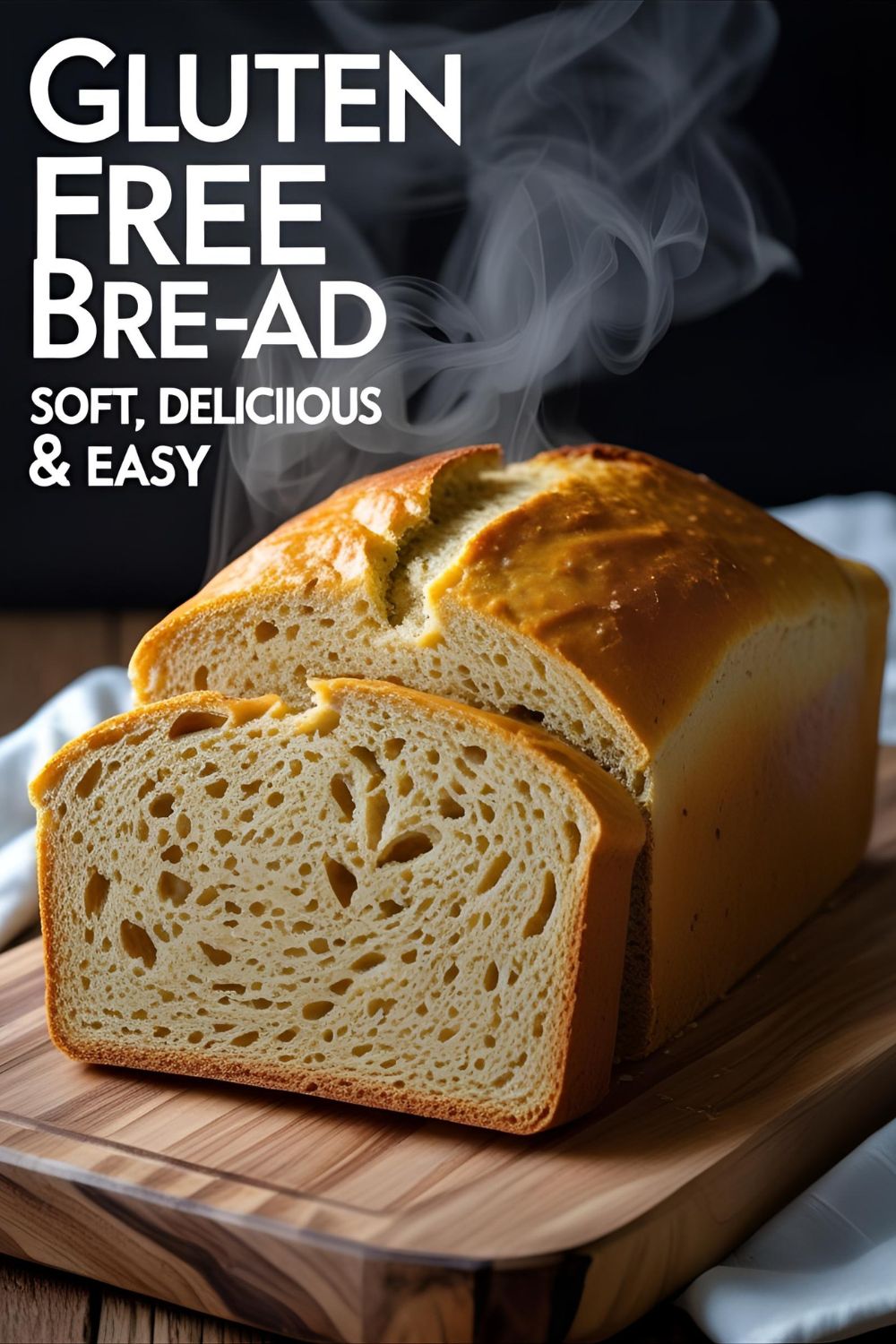 Golden homemade gluten free bread sliced to show soft, fluffy interior crumb.