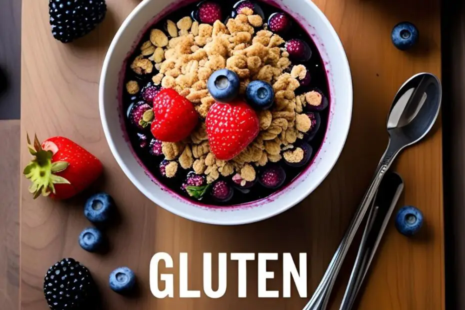 Berry crumble bowl topped with yogurt and toasted oats on wooden board