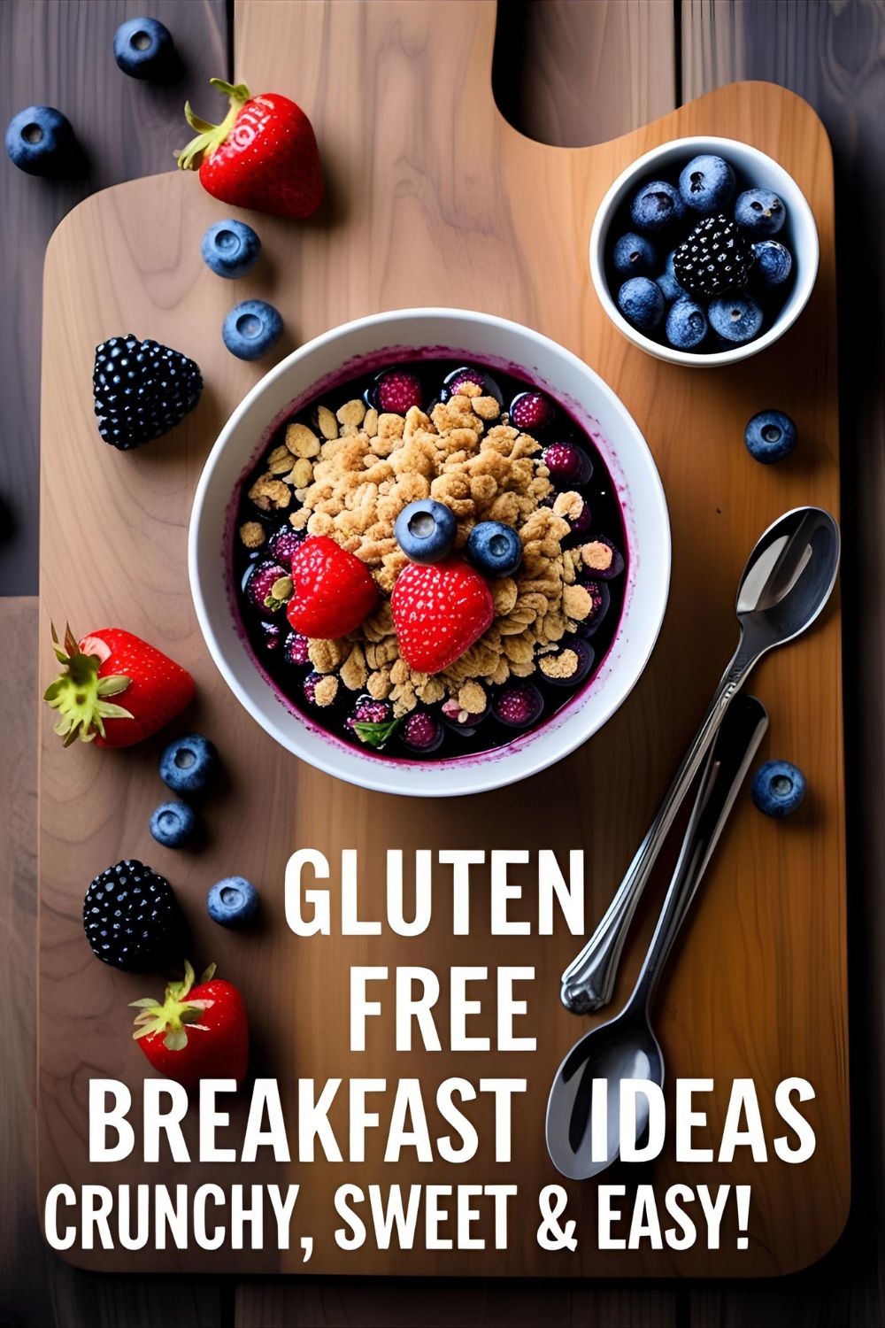 Berry crumble bowl topped with yogurt and toasted oats on wooden board