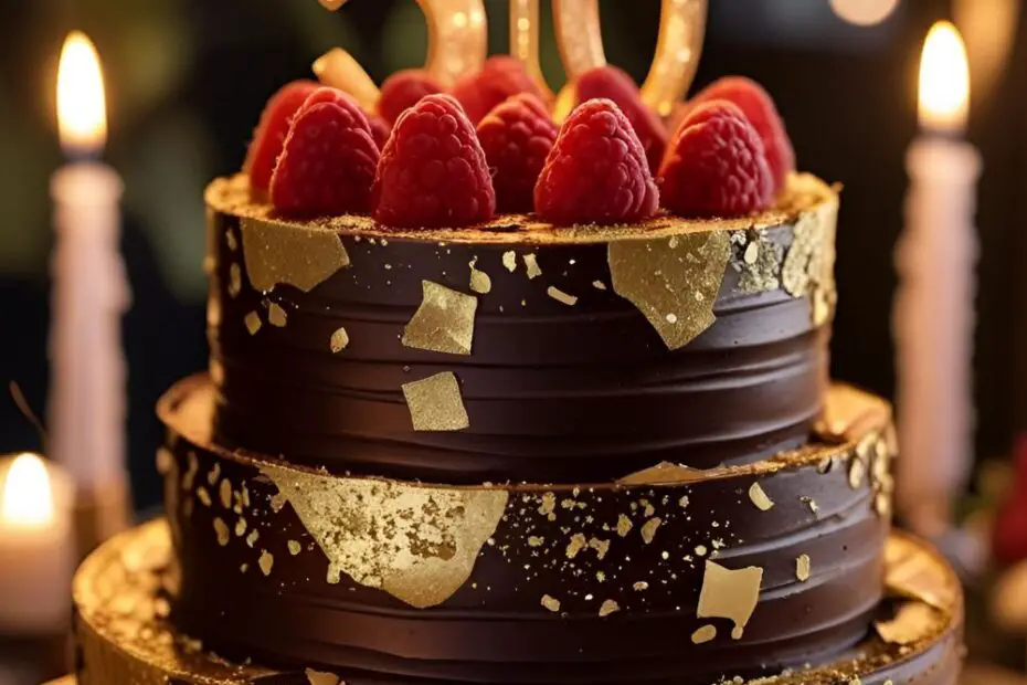 Elegant 50th birthday chocolate cake decorated with raspberries and gold flakes