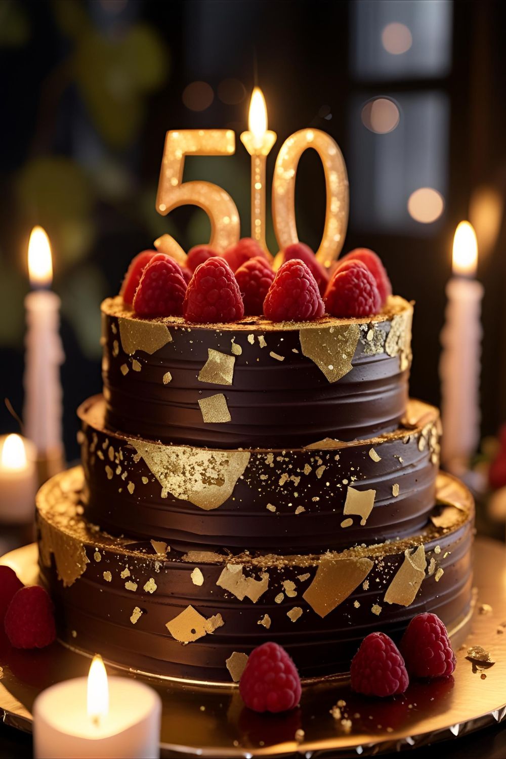 Elegant 50th birthday chocolate cake decorated with raspberries and gold flakes