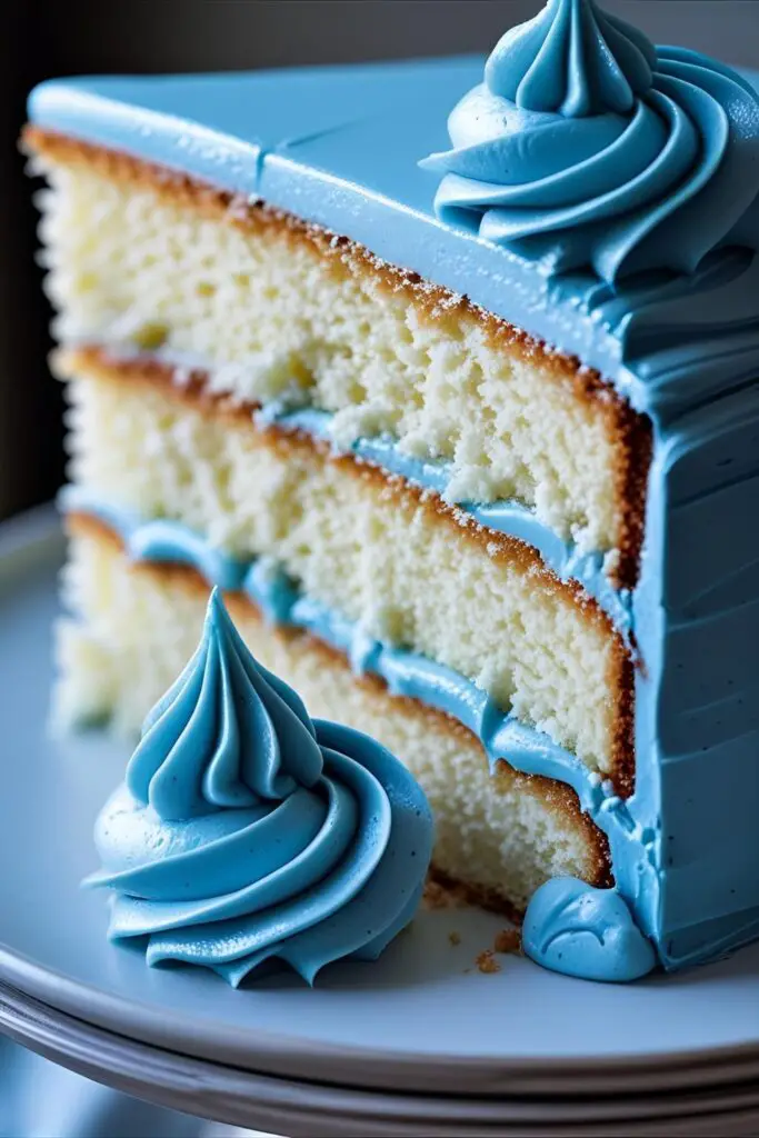 Blue vanilla birthday cake with decorative frosting and blueberry accents