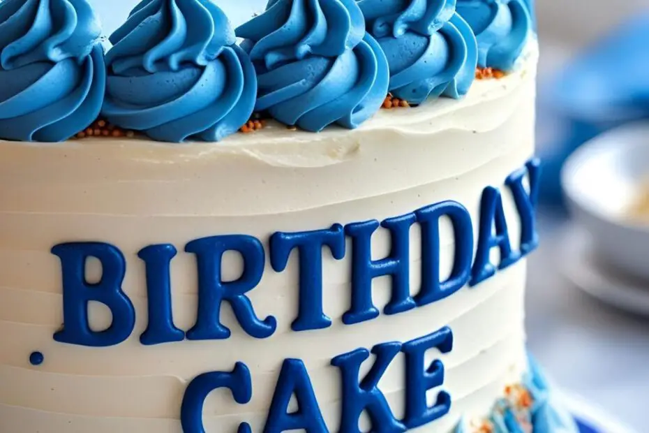 Blue birthday cake with creamy blueberry buttercream and decorative swirls